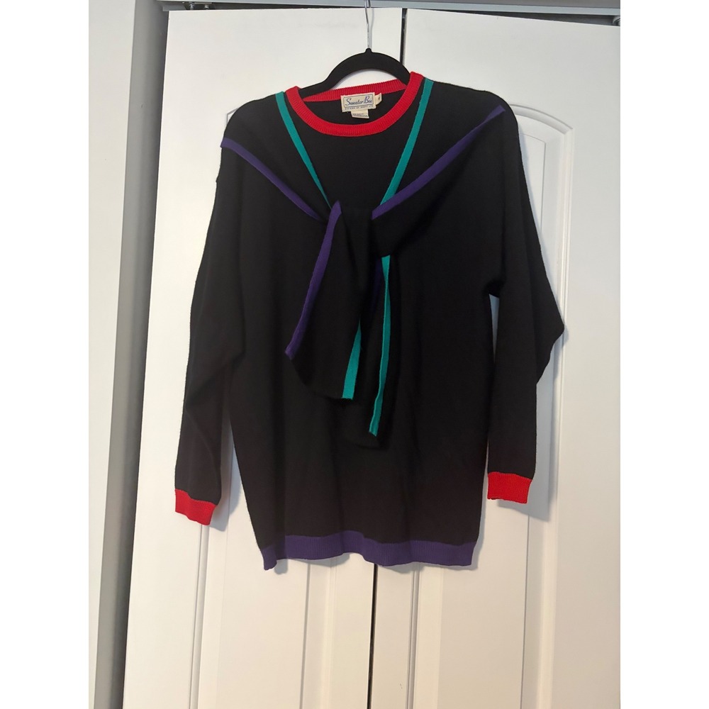 Sweater Bee Black Purple Green Red Trim Long Sleeve Knit Sweater Size S - Picture 7 of 7